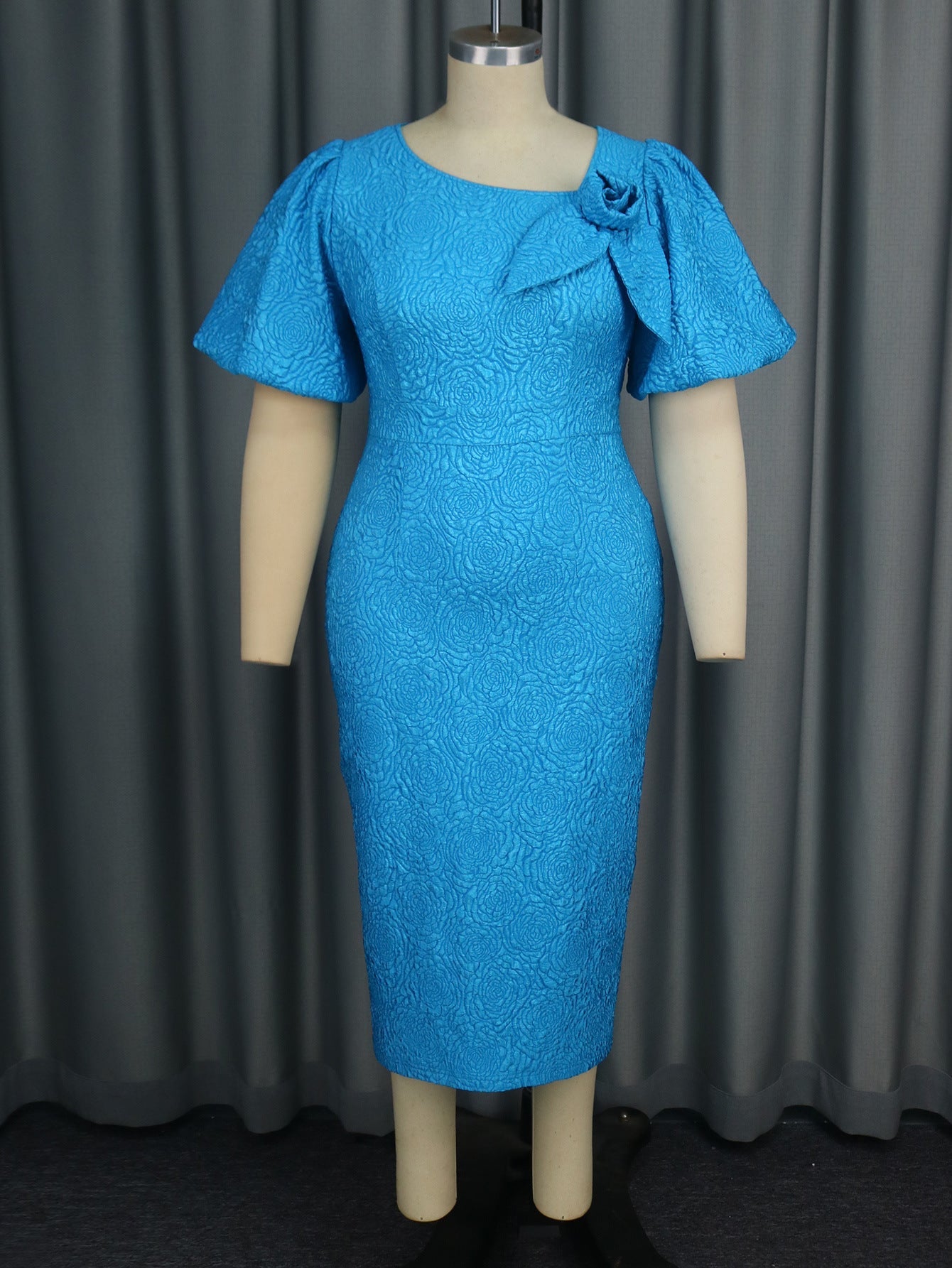 Asymmetrisches Kragenkleid mit Puffärmeln, elegant, Jacquard, hohe Taille