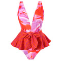 Retro One-Piece-Badeanzug für Damen, tiefer V-Ausschnitt, zum Schnüren, Chiffonrock-Set