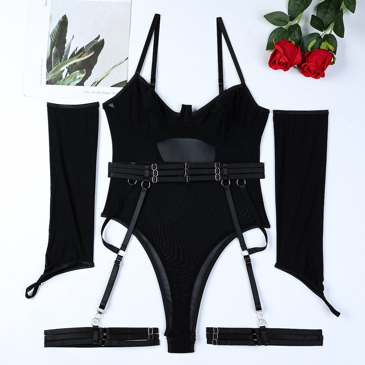 Sexy Unterwäsche Netzriemen Spleißband Handschuhe Ärmelloser Jumpsuit Anzug