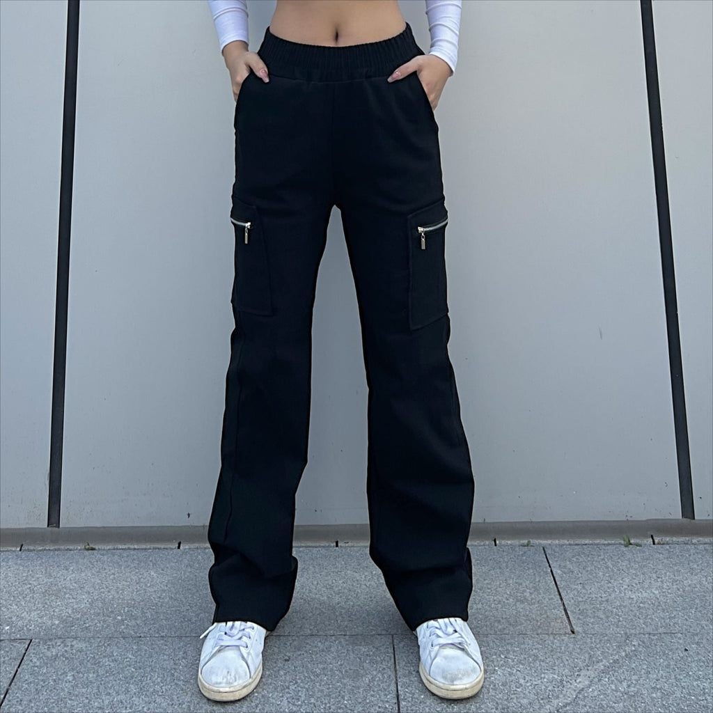 Pantalon tendance pour femme, pantalon cargo tendance, pantalon à fermeture éclair, pantalon droit ample style urbain, pantalon à jambes larges