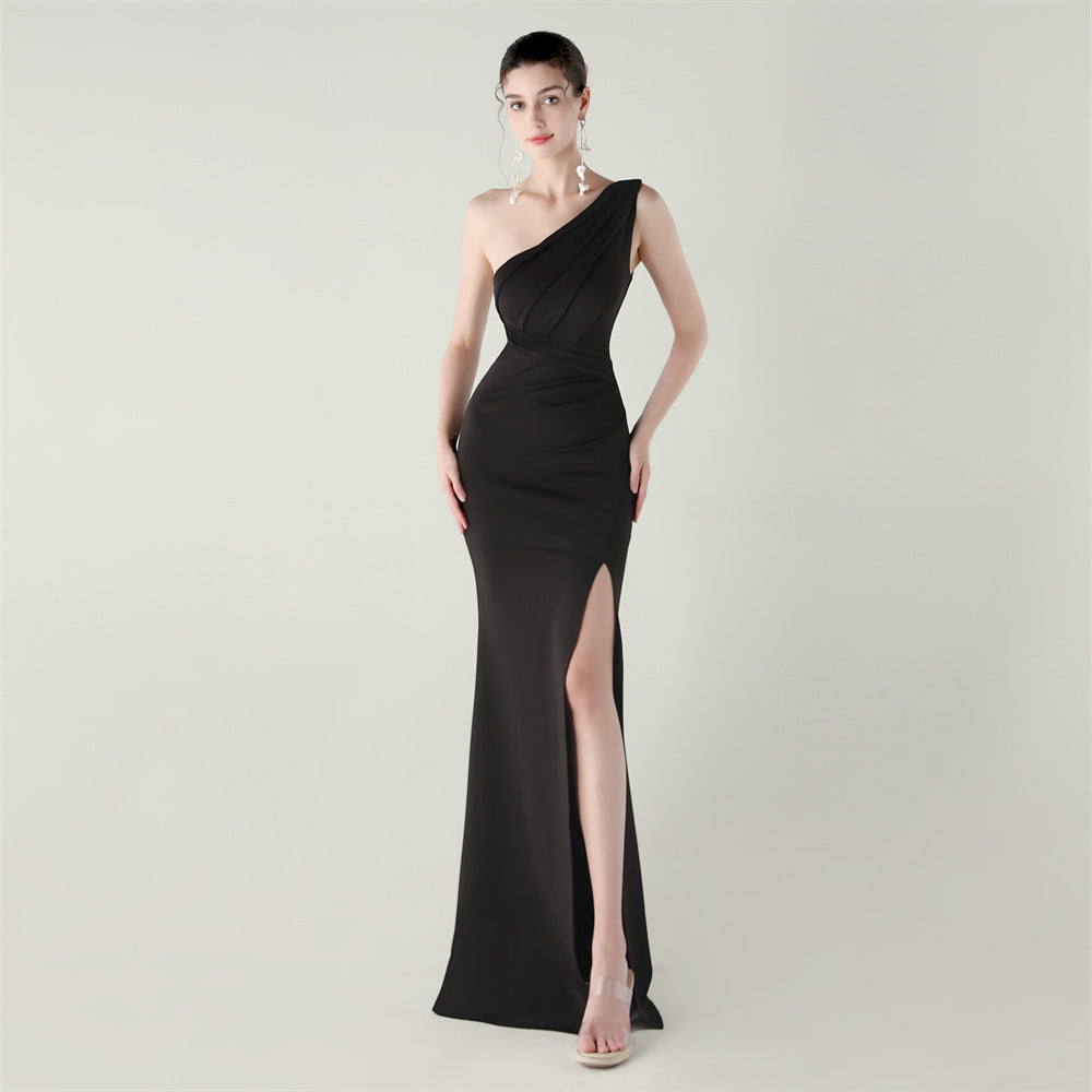 One Shoulder Slim Fit Satin Falten High Slit Sexy Abendkleid Meerjungfrauenkleid Dinner Hochzeit Social Networking