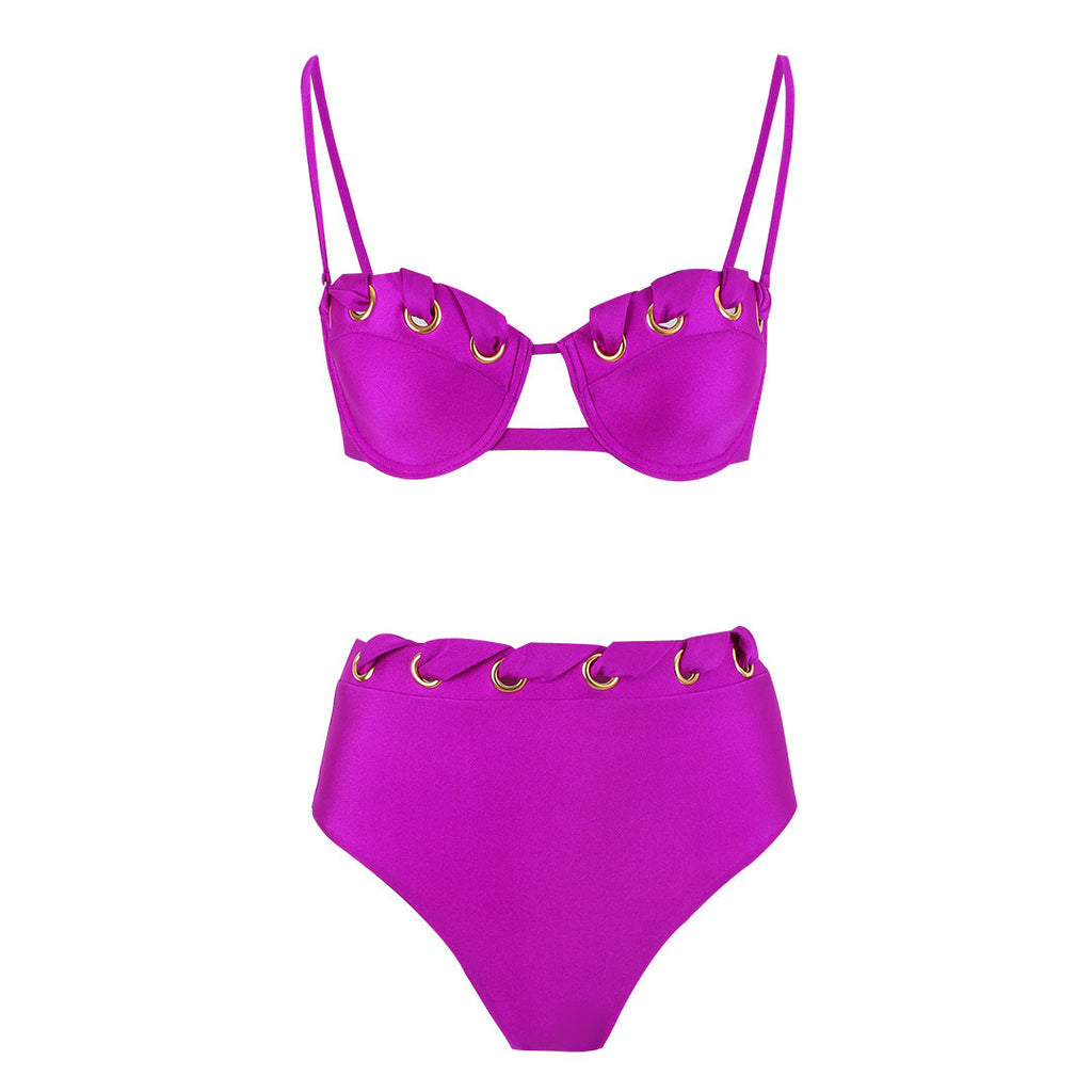 Maillot de bain sexy avec bandeau et fente pour femme, bikini taille haute de couleur unie
