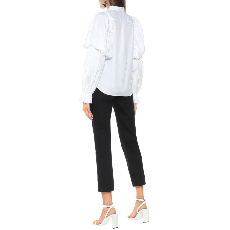 Chemise Femme Manches Longues Lanterne Chemise Femme Col Droit Blanc