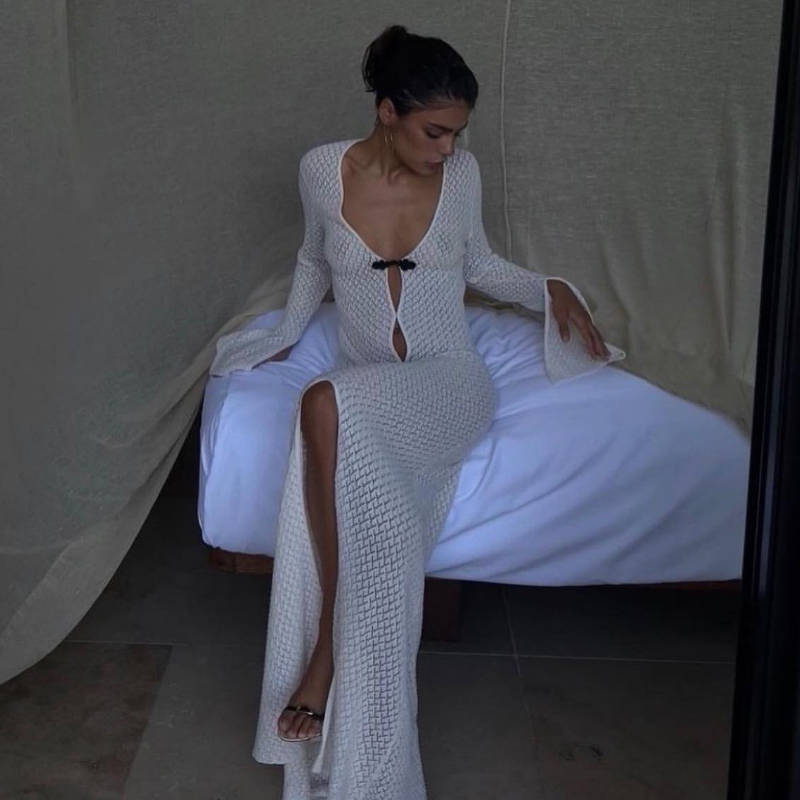 Robe de plage transparente évidée et découpée, col en V, longue, sirène, robe de soirée pour femme
