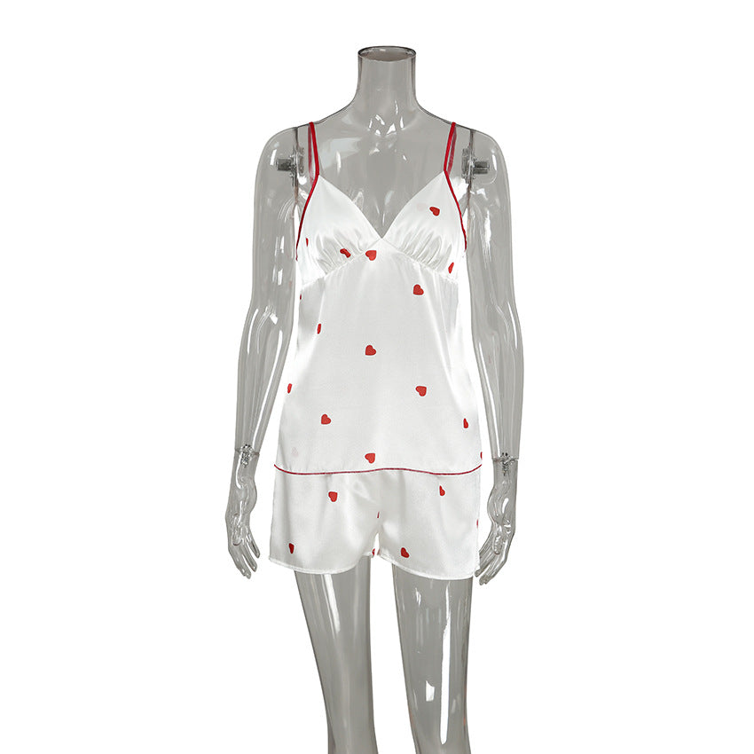 Frühlings-Homewear Herz-Druck Trägershorts Sexy Zweiteiliges Set Satin Damen Pyjamas
