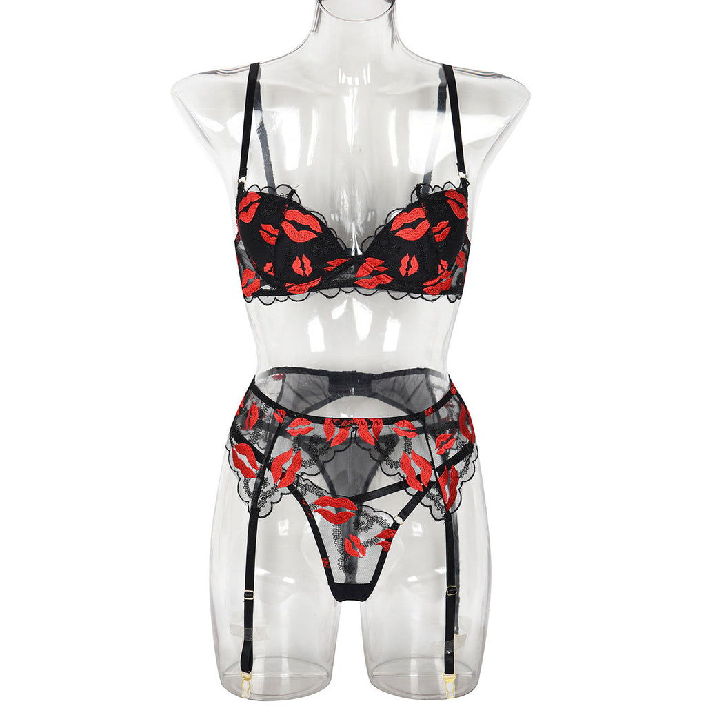 Valentinstag Rotlippen-Stickerei Push-up-Formcup sexy dreiteiliger Anzug