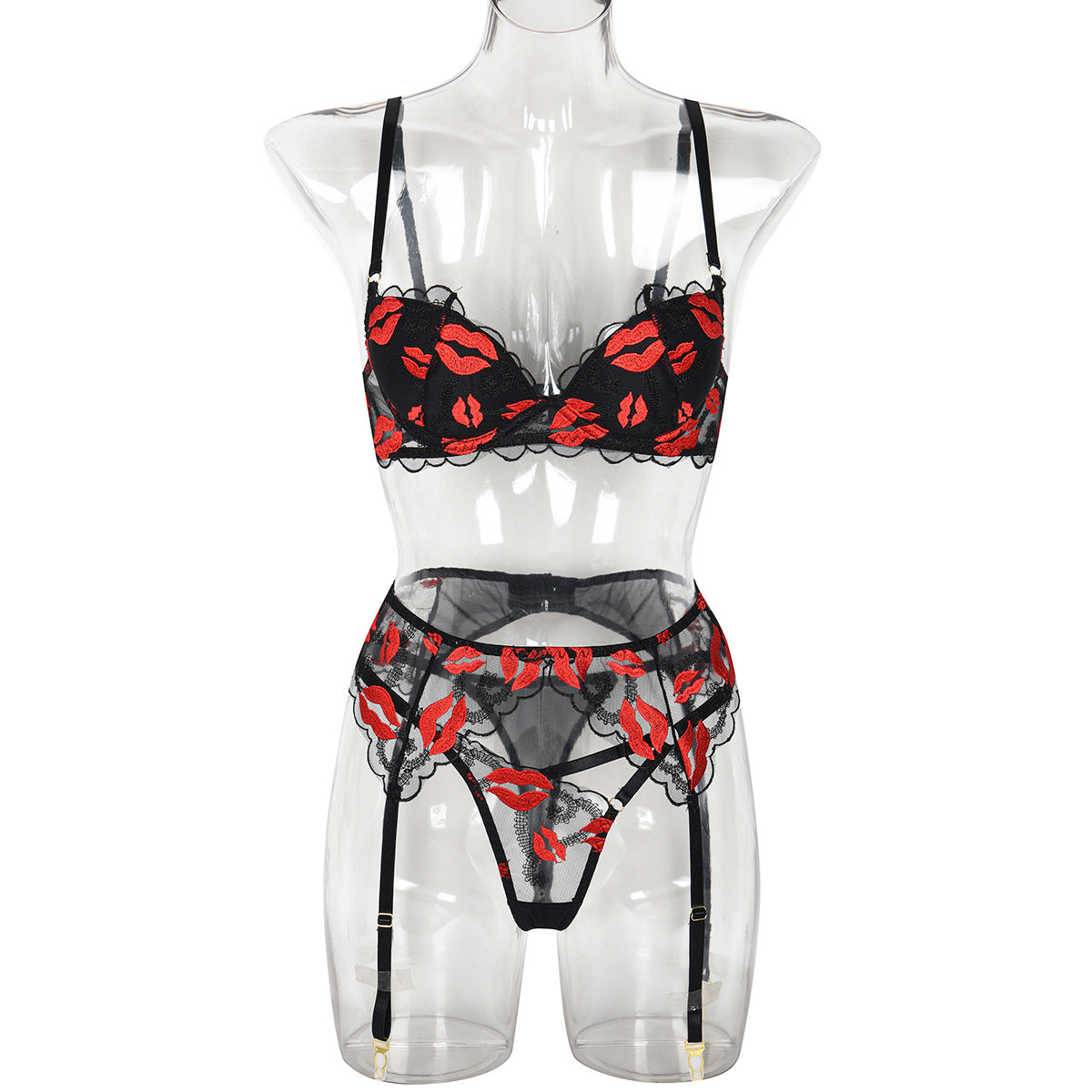Valentinstag Rotlippen-Stickerei Push-up-Formcup sexy dreiteiliger Anzug