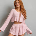 Lockere Schnür-Strick-Jacquard-Homewear, Herbst, Langarm, Shorts, Bequem, Leger, Pyjama für Damen