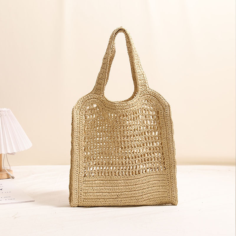 Sac de Plage en Paille Tressée d'Été avec Motif à Lacets, Idéal pour les Vacances à la Plage des Femmes
