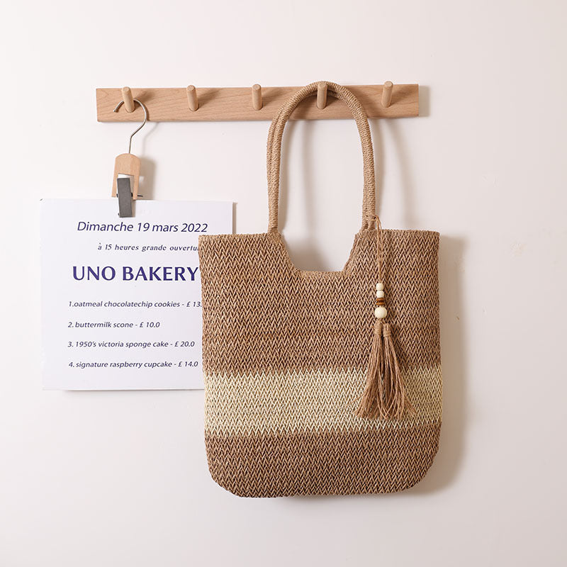 Sac à bandoulière en paille tressée bicolore avec pompon, sac décontracté pour femme, sac de plage