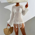 Robe de plage creuse en maille à manches longues, assortie, protection solaire, couleur unie, gland, transparente, sens simple