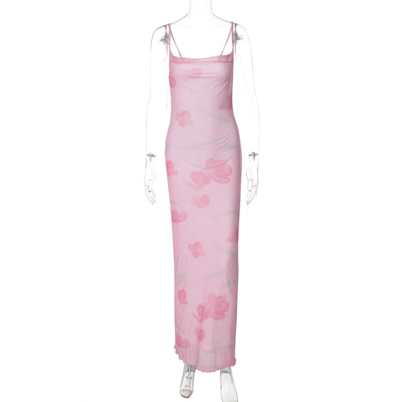 Damenbekleidung Sommer Sexy Süß Scharf Schulterfreies Mesh Blumenmuster Langes Trägerkleid