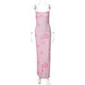Damenbekleidung Sommer Sexy Süß Scharf Schulterfreies Mesh Blumenmuster Langes Trägerkleid