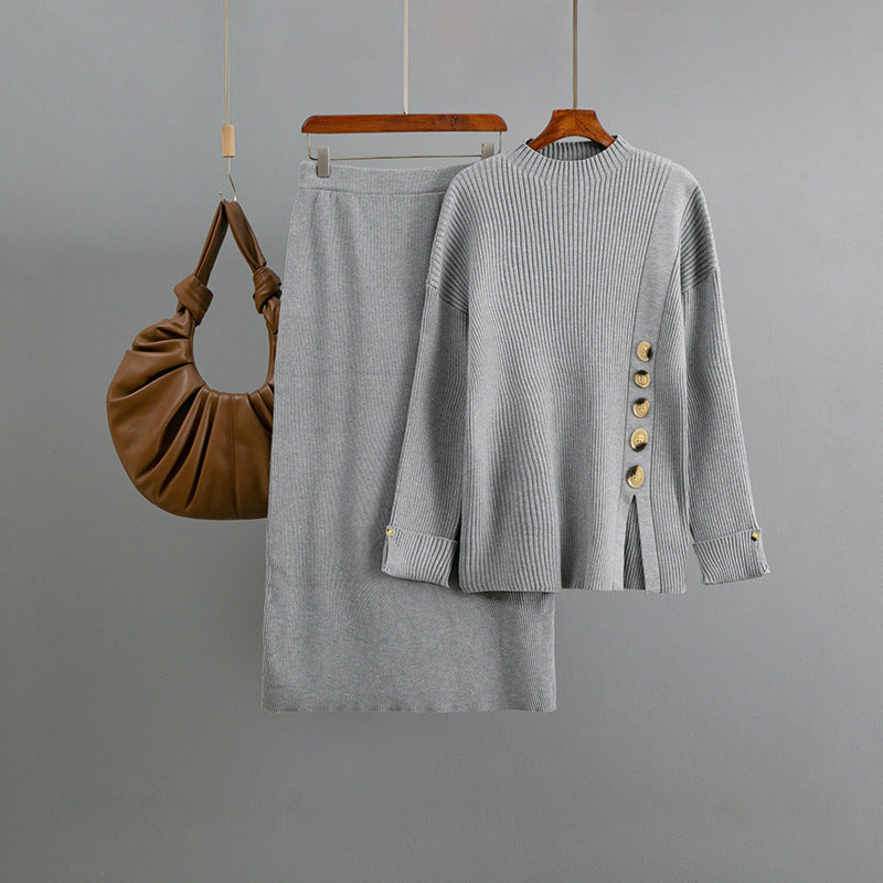 Ensembles deux pièces jupe et pull fendus avec décorations à fermoir pour femmes, automne-hiver