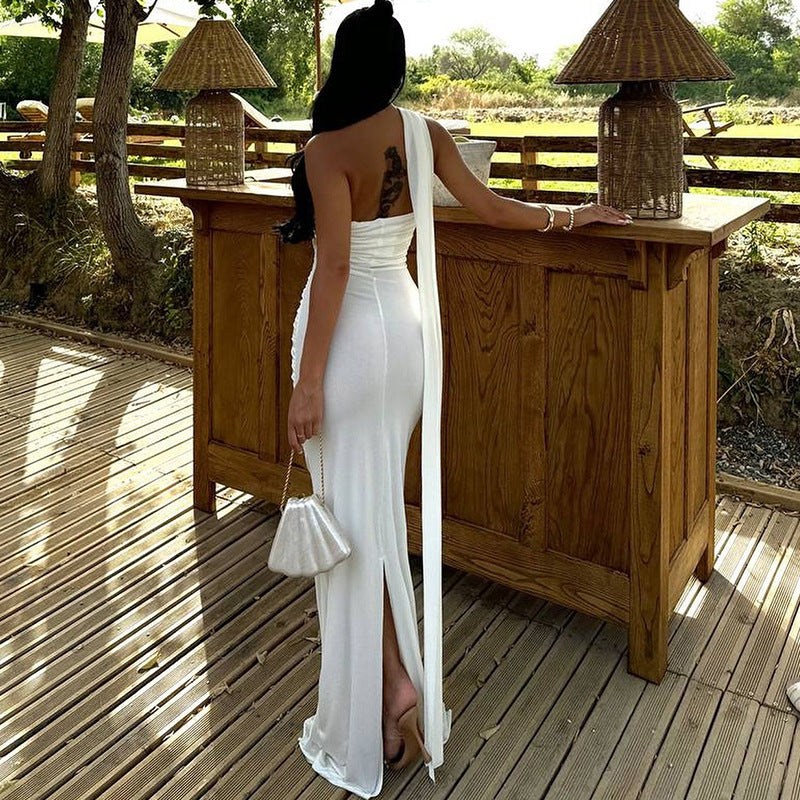 Robe longue dos nu sexy unie fendue avec ruban pour femme