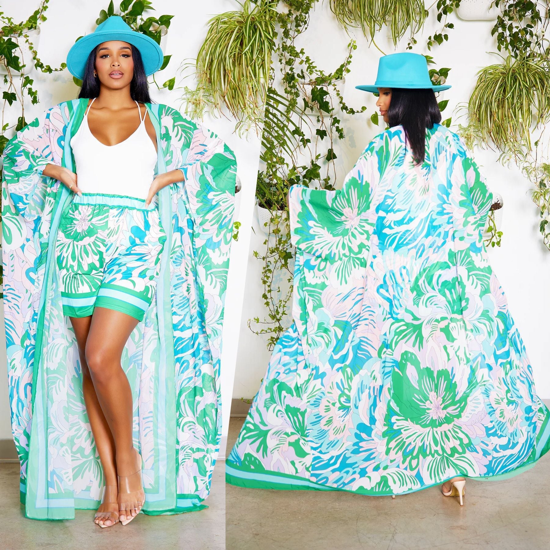 Chiffon bedruckte Bluse Shorts Anzug Sonnenschutz Einarm Cardigan Strand Zweiteiler Set Damen