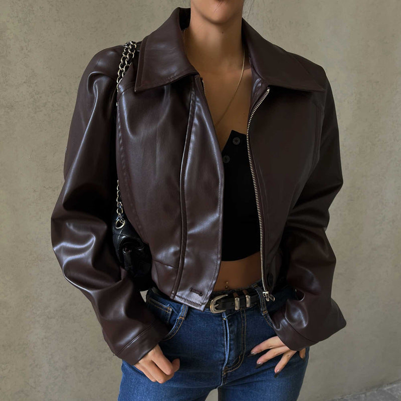 Damenkleidung Herbst Retro Kragen Reißverschluss Kunstleder Freizeitjacke Mantel