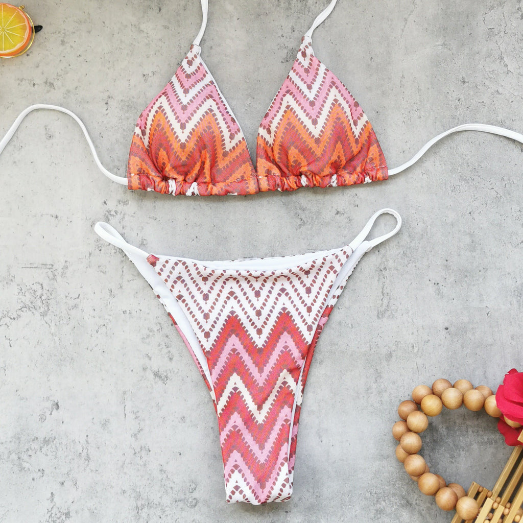 Maillot de bain femme trois pièces sexy, imprimé rayé, dos nu, avec paréo en maille fendue
