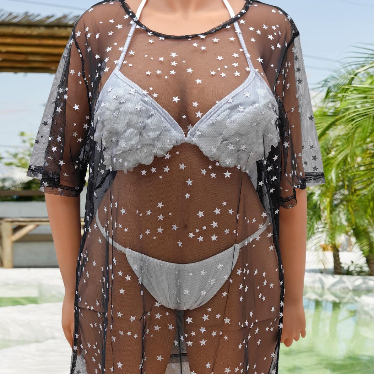 Robe de plage femme par-dessus, sexy, transparente, en maille, motif doré, longue, pour couvrir le bikini