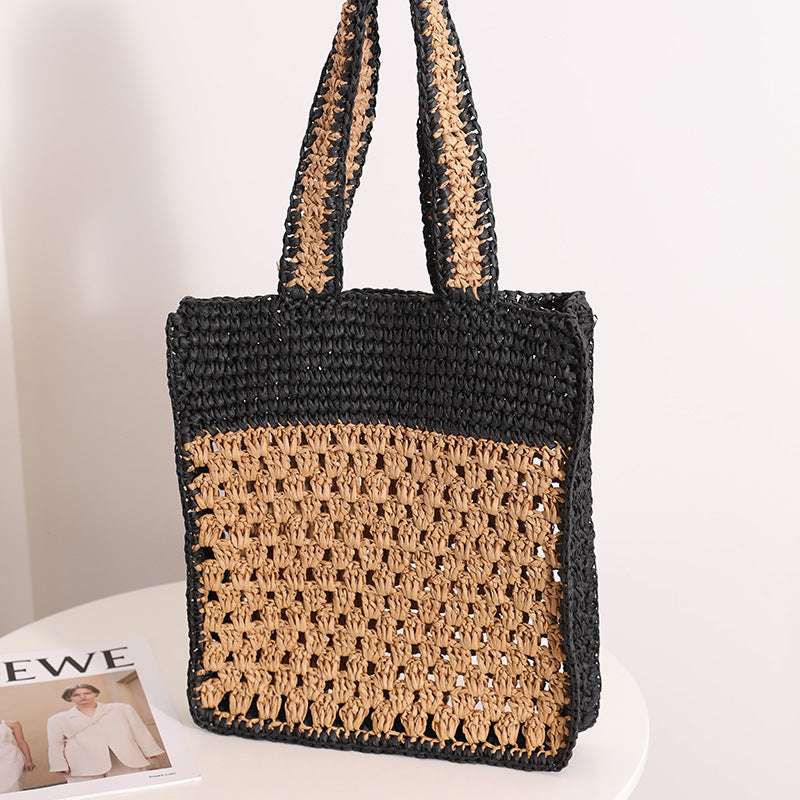 Sac en Paille Tressé à la Main avec Détails Découpés et Évidés, Design Original, Idéal pour Vacances à la Mer et Plage