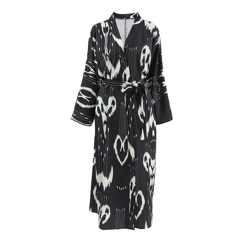 Peignoir en soie artificielle imprimé, long et ample, pour femme, style décontracté, à porter à la maison