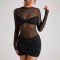 Robe fourreau plissée sexy à manches longues et col rond avec empiècements en maille pour femme