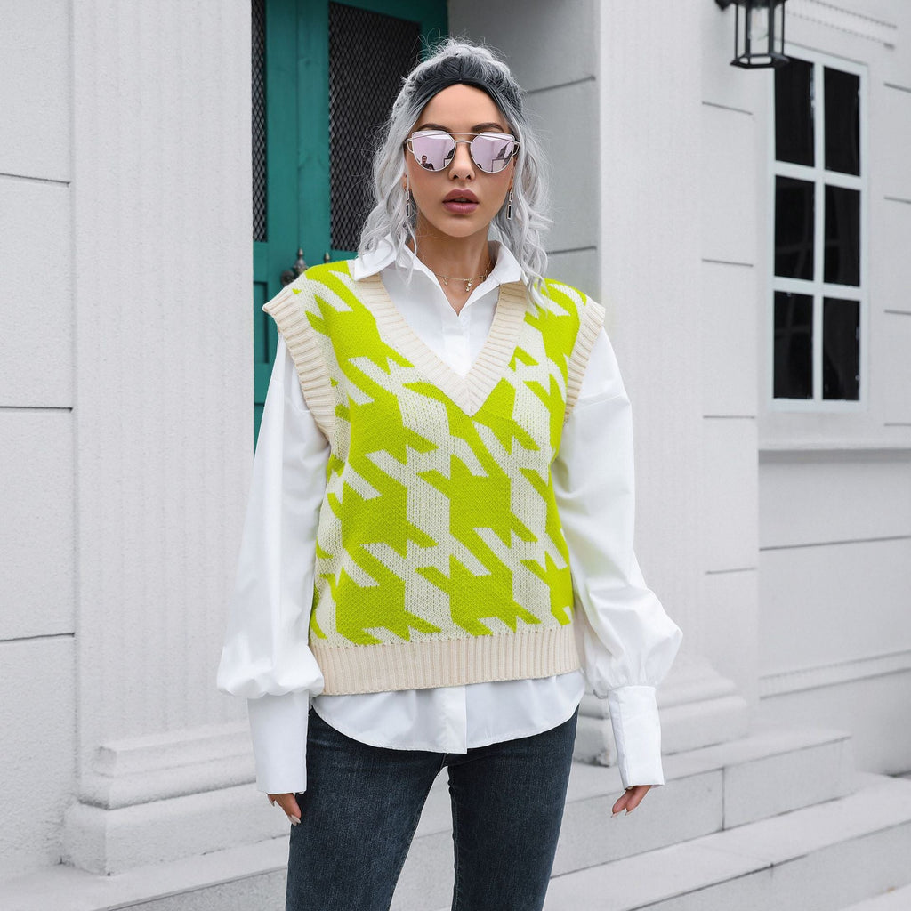 Hahnentritt V-Ausschnitt Weste Pullover Damen Weste Oberbekleidung Unterbekleidung Herbst Winter Strickwaren Pullover Bouclé