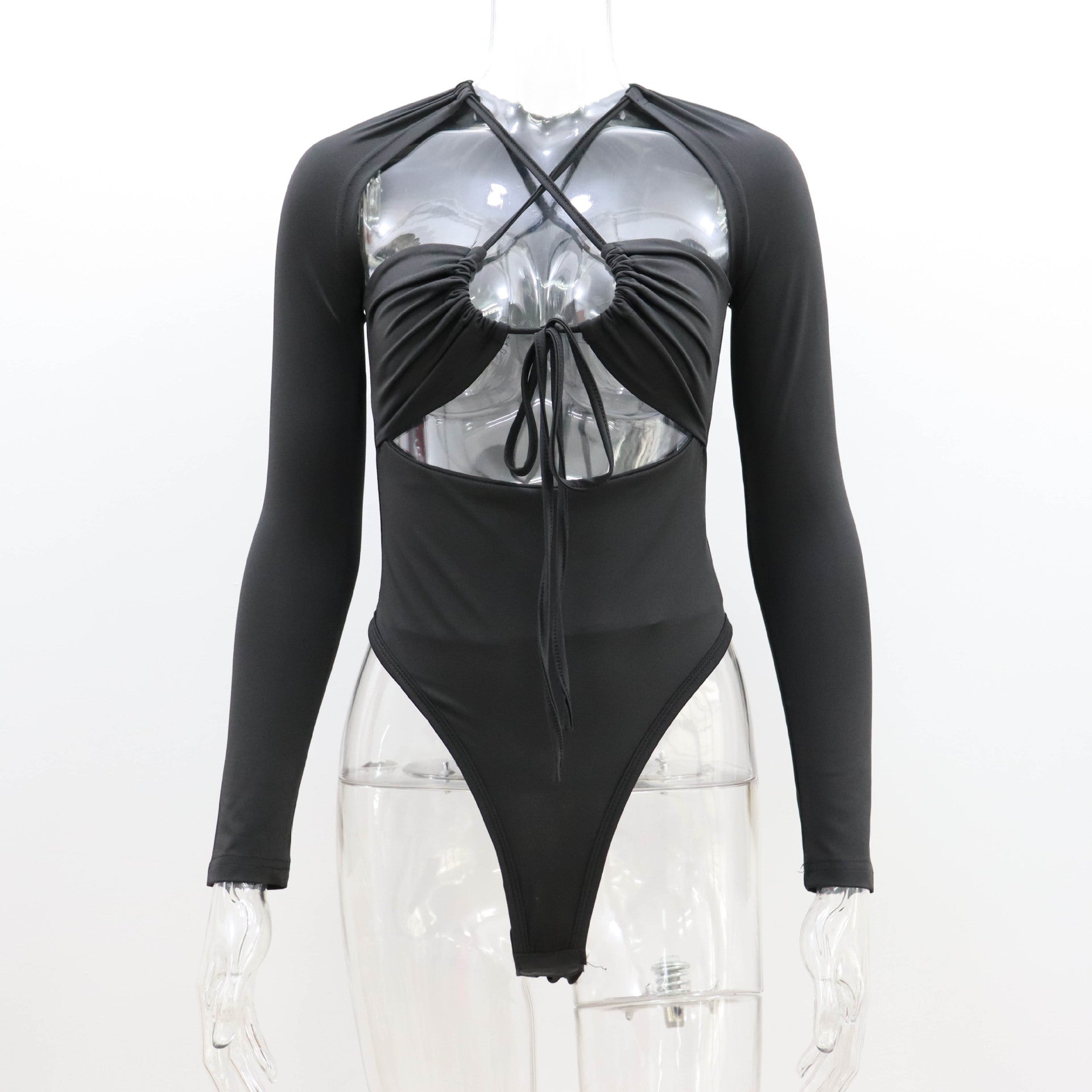 Damen Sommer Sexy Ausgeschnittener Cut-Out-Träger, schmaler, einfarbiger, langärmliger Jumpsuit