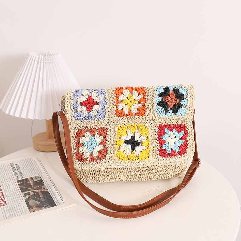 Sac en paille en bandoulière à carreaux Grand-mère, sac en paille tissé à une épaule de couleur contrastée, sac de plage pour femme