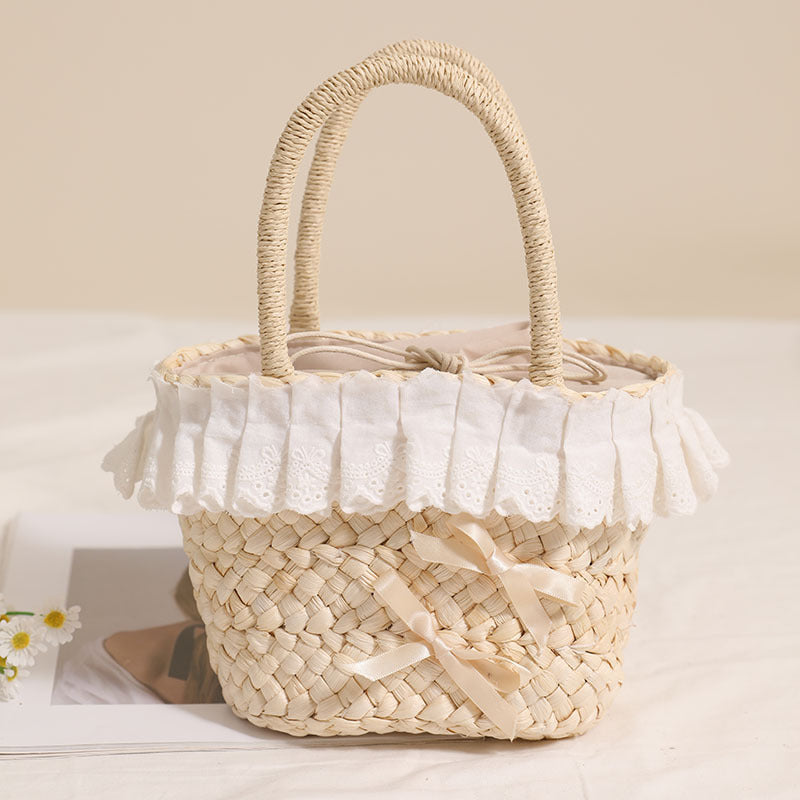 Niedliche Spitzen-Tragetasche aus Maisstroh mit Schleife, gewebte Tasche, Urlaub, Strandtasche, kleine Handtasche