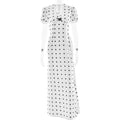 Robe longue élégante et sexy à pois, avec col en V, taille ajustée, lacets et manches bouffantes.