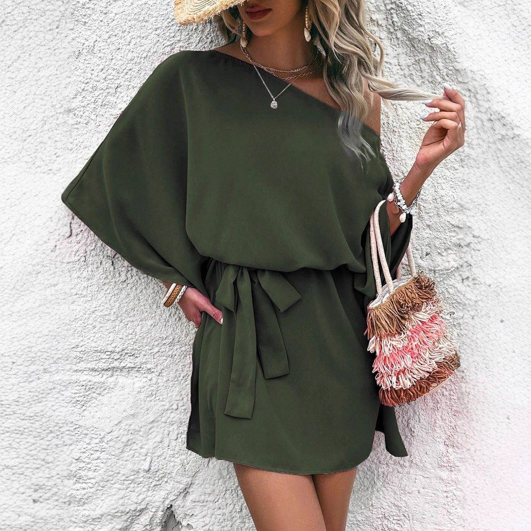 Robe en satin pour femme, épaules dénudées, taille haute asymétrique