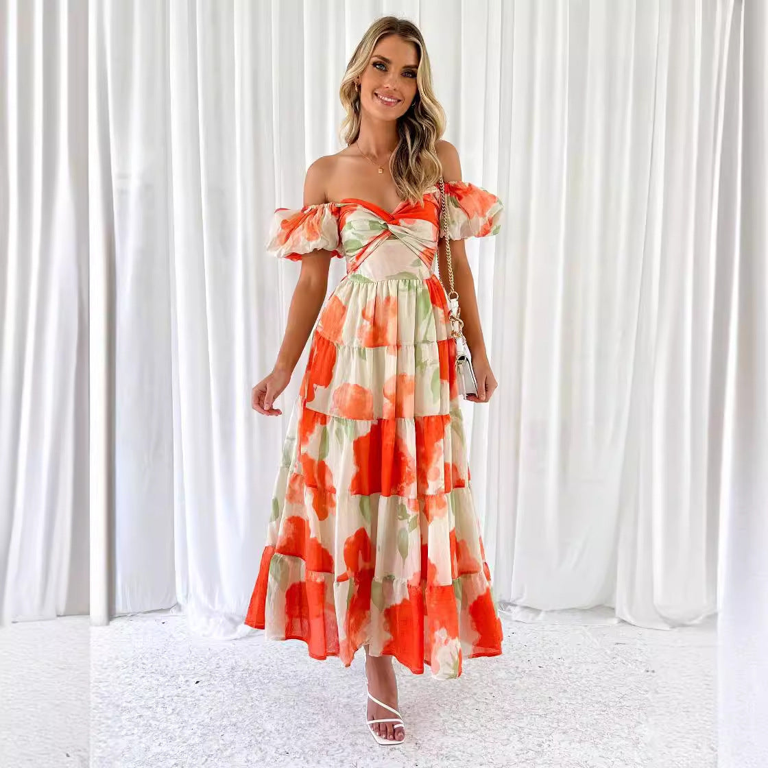 Frühlingskleid für Damen: Modisch, elegant, Puffärmel, V-Ausschnitt, Cut-Out, bedruckt