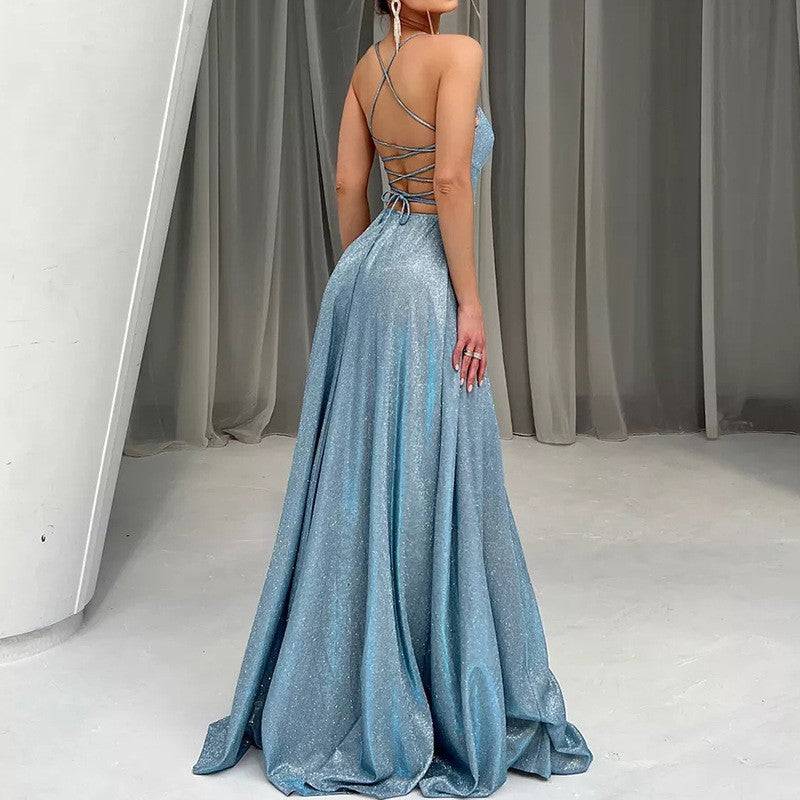 Damen Sling Trägerloses Sexy Geschlitztes Glitzer Party Cocktail Abendkleid