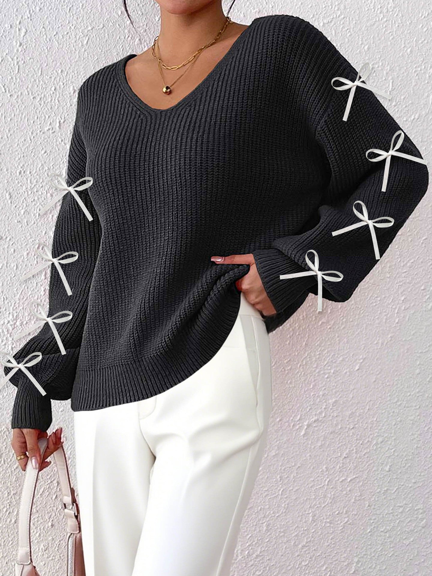 Damen Herbst Winter Mantel Damen Bekleidung Schleife Dekorative Gewebte Pullover