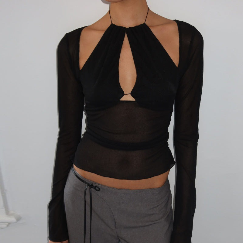 Haut à manches longues, asymétrique, coupe ajustée, effet amincissant, avec découpes et mailles ajourées pour femme, collection été