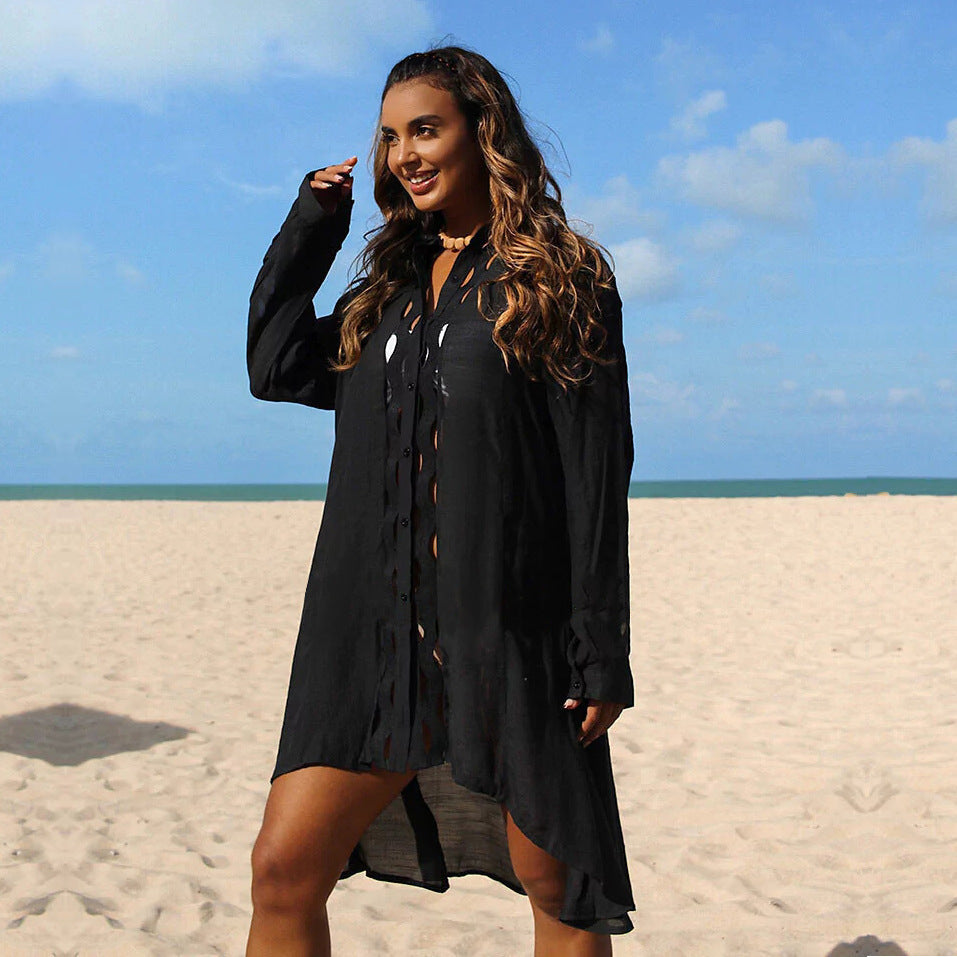 Slub-Baumwolle Patchwork-Kanten Hemd Sonnenschutz Cardigan Urlaub Strandmantel Bikini-Überwurf Bluse