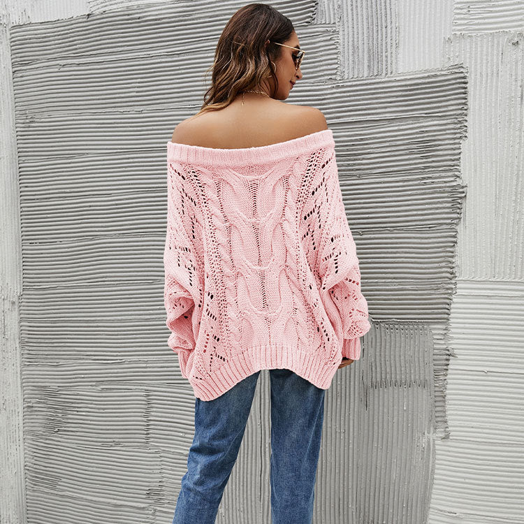 Herbst Winter schulterfreier Oversize-Pullover, schulterfreier einfarbiger Strickpullover Damen