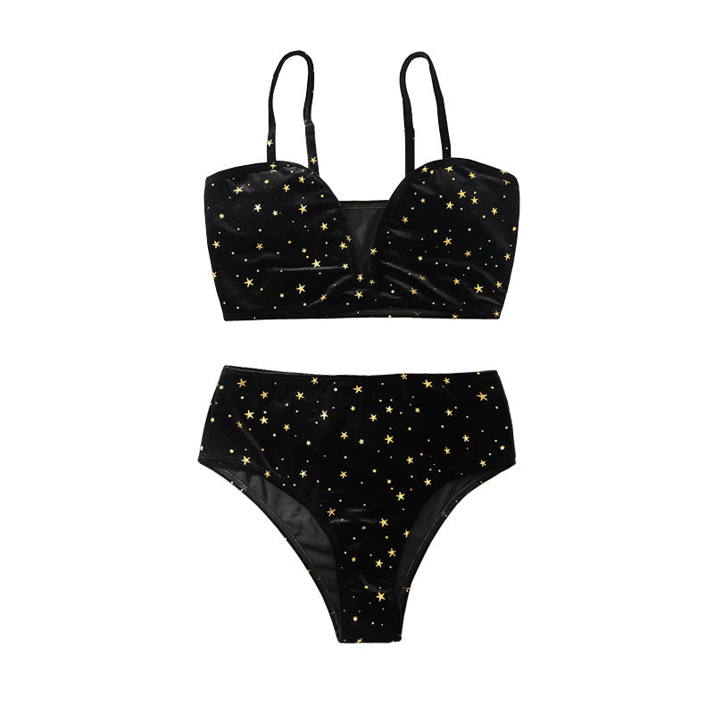 Badeanzug Damen Sommer Split High Waist Samt Stern Schwarz Frühling Badeanzug
