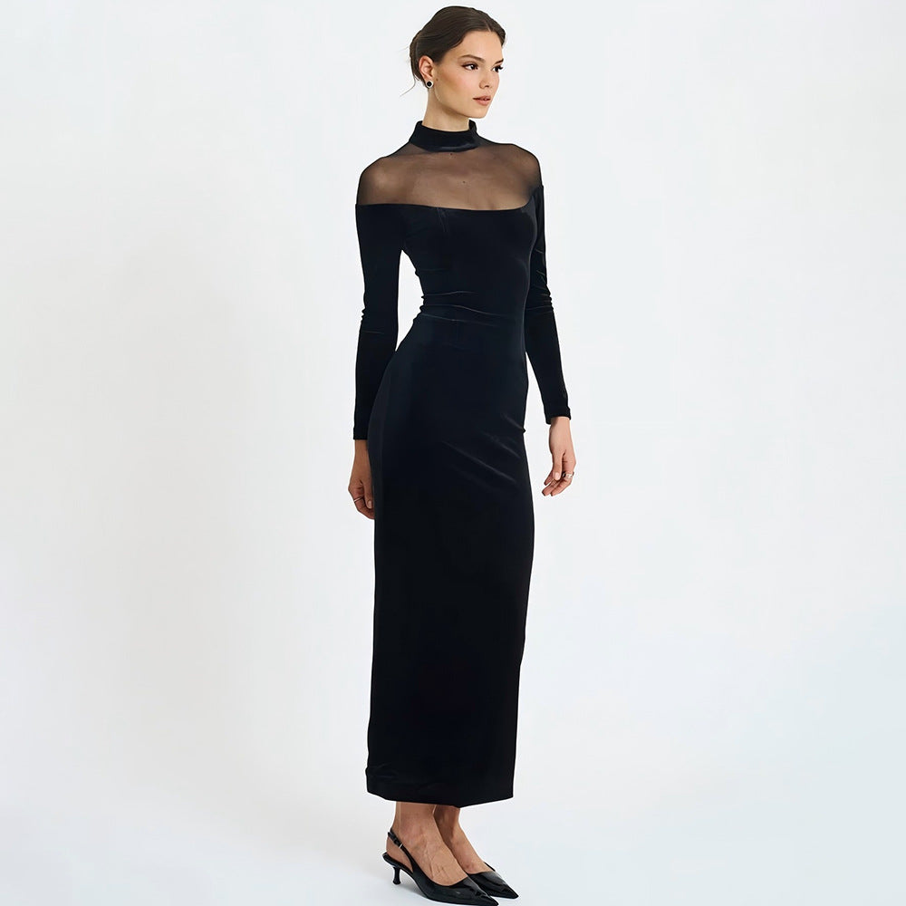 Robe Transparente à Coutures en Voile Automne Hiver Robe Moulante Sexy Unie