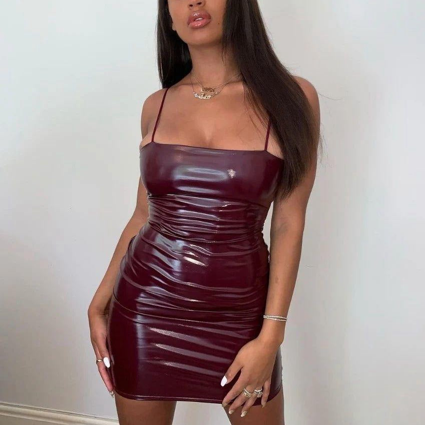 Robe Femme Sexy Simili Cuir Élastique à la Taille et aux Hanches