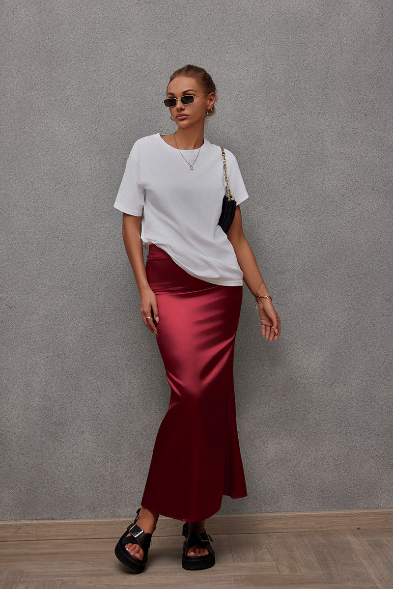 Frühling Sommer Kunstseide Rock Satin Rock Damen Casual Satin Hüftrock