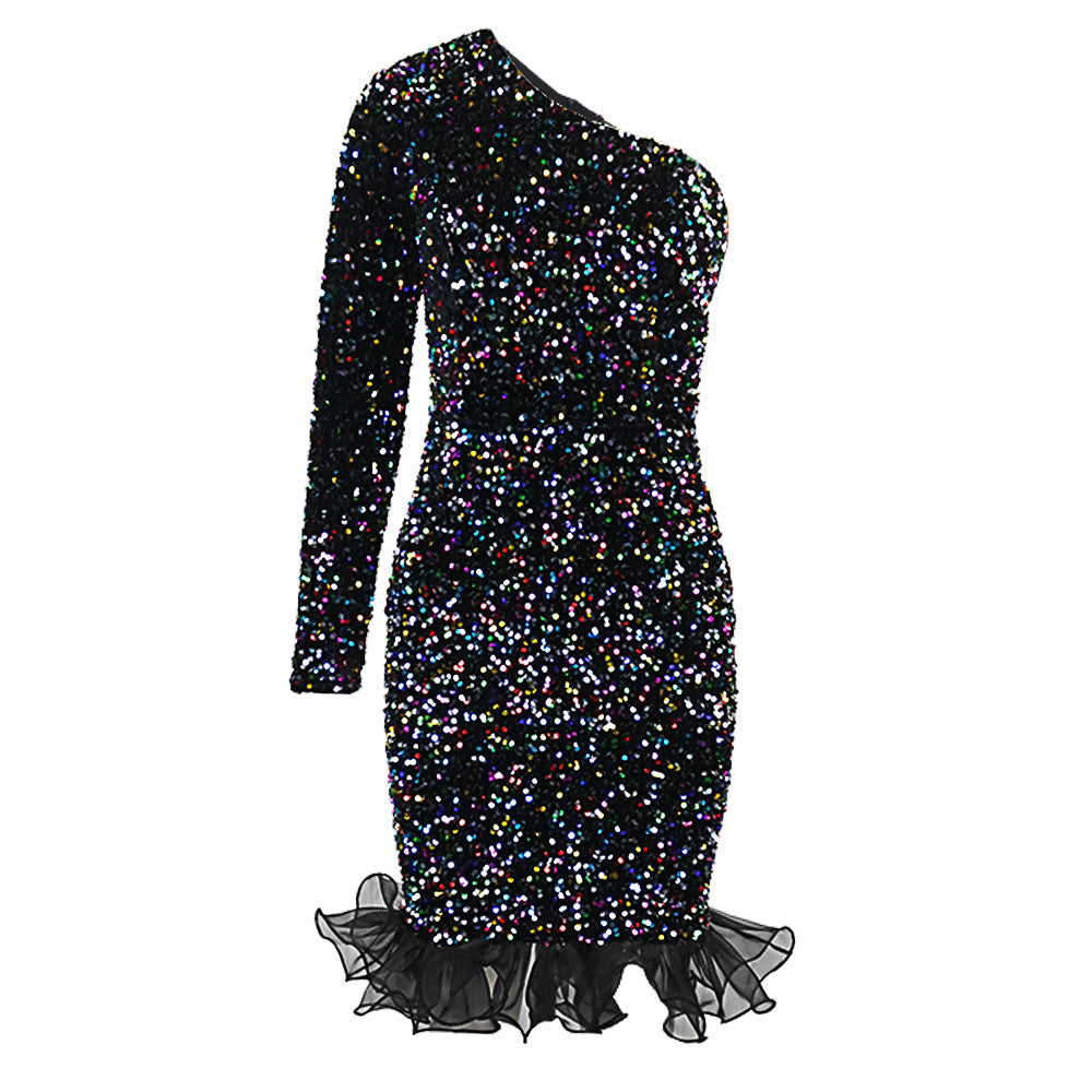 Diagonales Kragenabendkleid Designer Modell Elegantes Anmutiges Paillettenkleid Partykleid