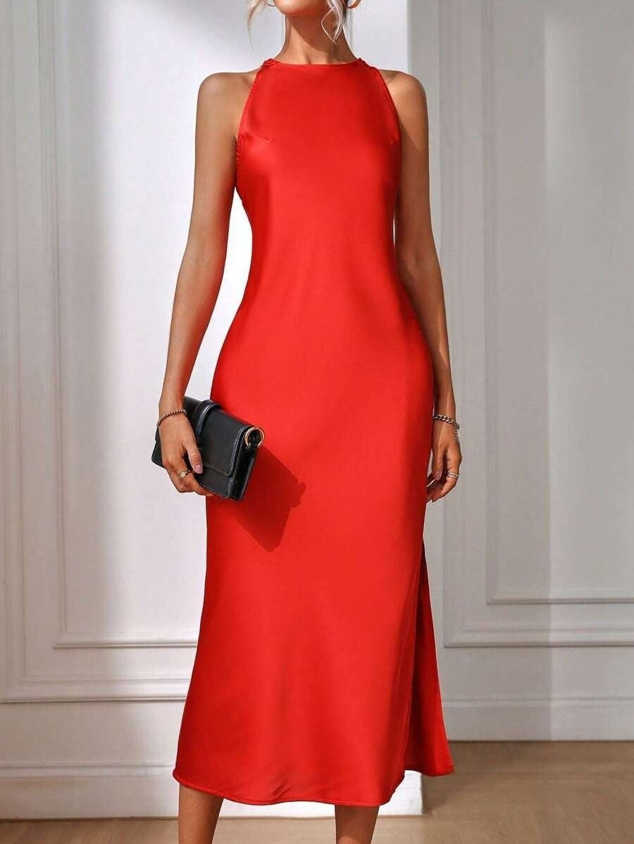 Satin-Kleid Damenbekleidung Frühling Sommer Ärmelloses geteiltes Satin-Imitat Seidenmaxikleid