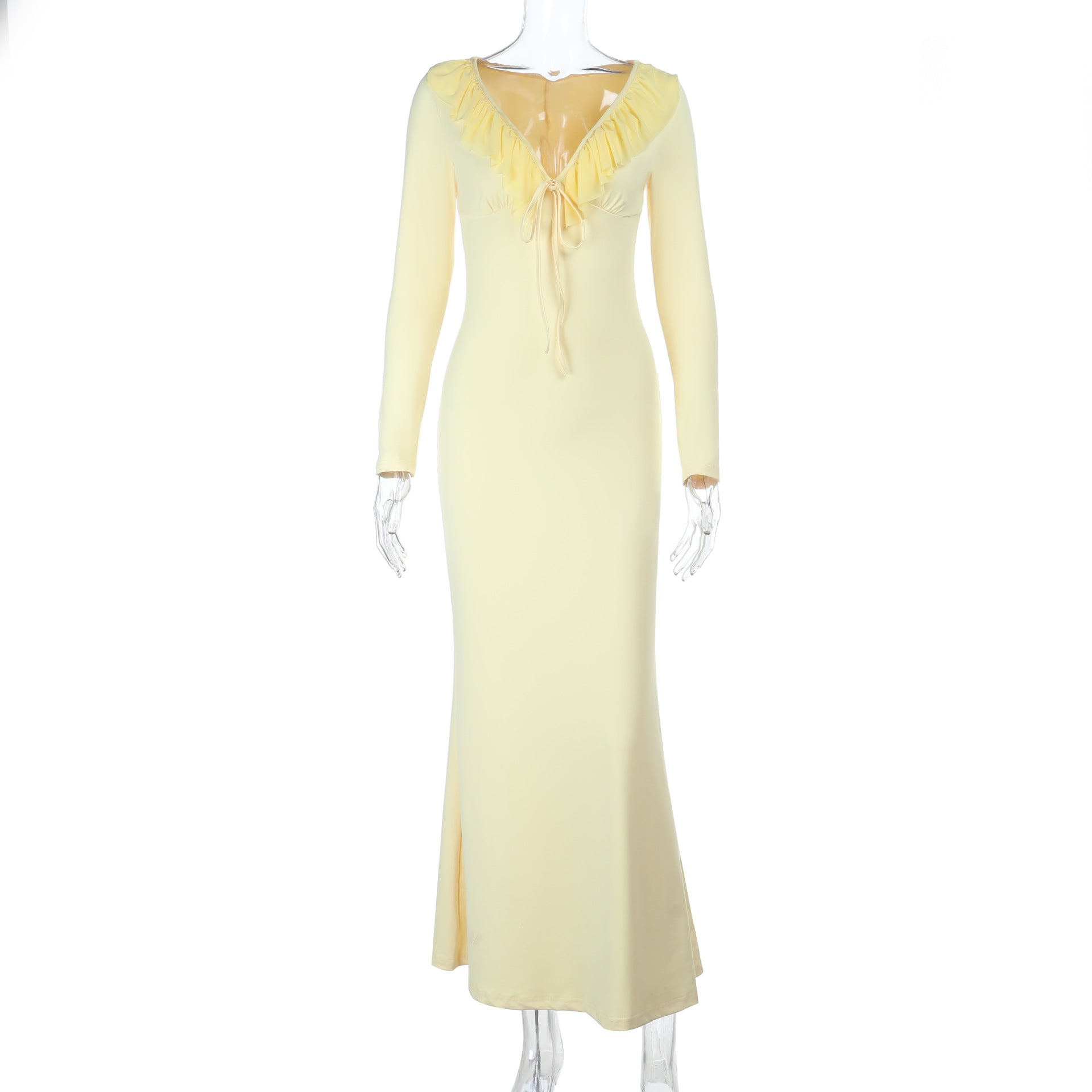 Sexy Rüschen Langarm Enges Stretchkleid Herbst Hüftkleid