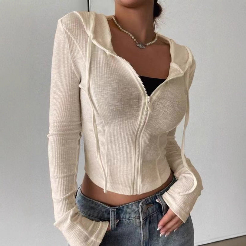 Herbst Winter Strickjacke Stricktop Slim Fit Sporthoodie Kurzer Reißverschluss Kapuzenpullover