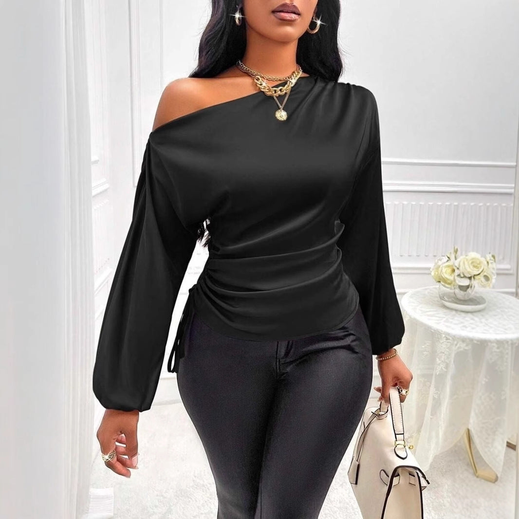 Damen Kleidung Satinhemd Herbst Winter Asymmetrisches Langarm-Oberteil mit diagonalem Kragen