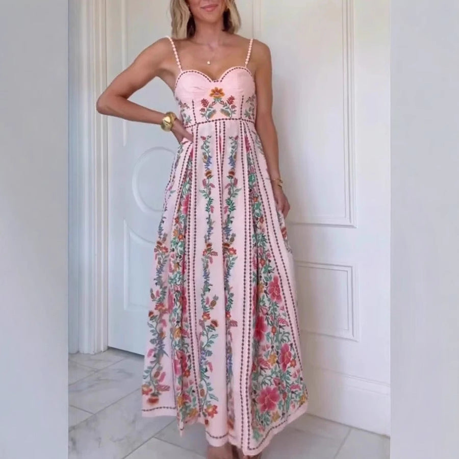 Robe de vacances sexy à bretelles avec perles décoratives et imprimé pour femme