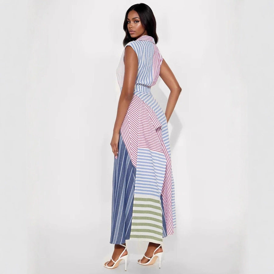 Damenkleidung Cooles Kleid mit Streifen, V-Ausschnitt, unregelmäßigem, asymmetrischem, tailliertem A-Linien-Kleid in Kontrastfarben