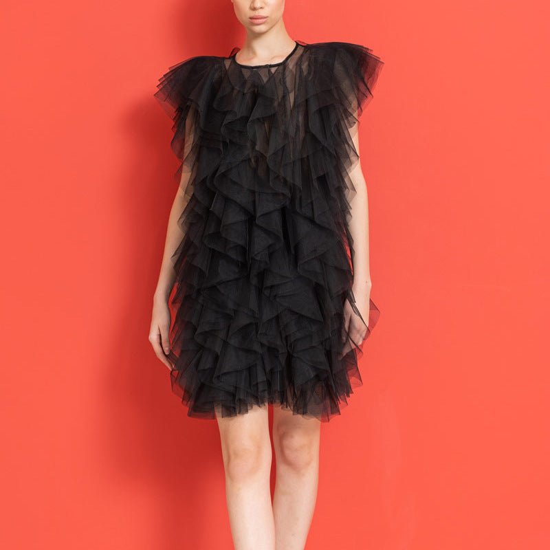 Unregelmäßiges asymmetrisches Rüschen-Stich-Kleid aus durchsichtigem Organza, ärmellos, sexy, für Damen